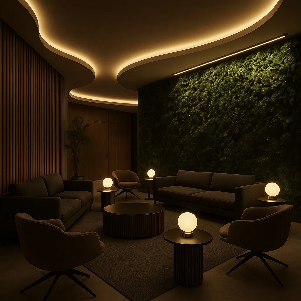 Lounge με κυματιστή φωτισμένη οροφή και φυτικό τοίχο